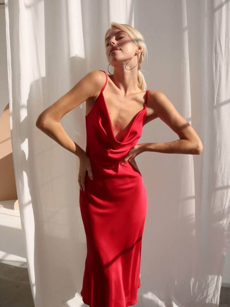 Red Silk Slip Dress, Silk Slip Dress of Midi Length, Red Cowl Neck Silk Slip Dress for Special Occasions, Sleeveless Silk Dress